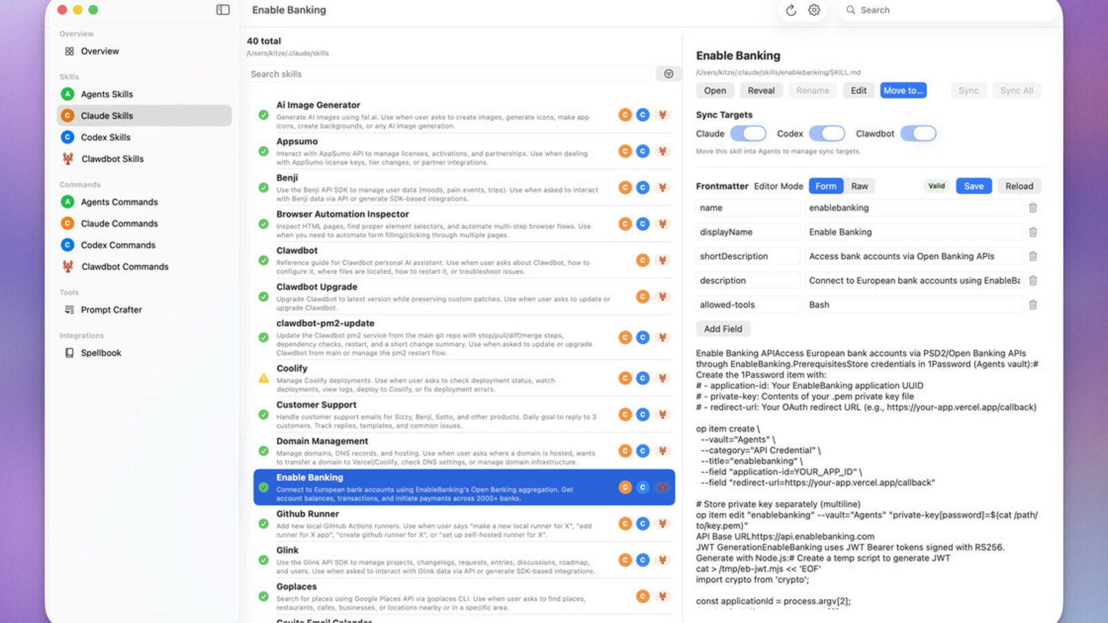OpenClaw skills manager interface showing installed skills and sync targets