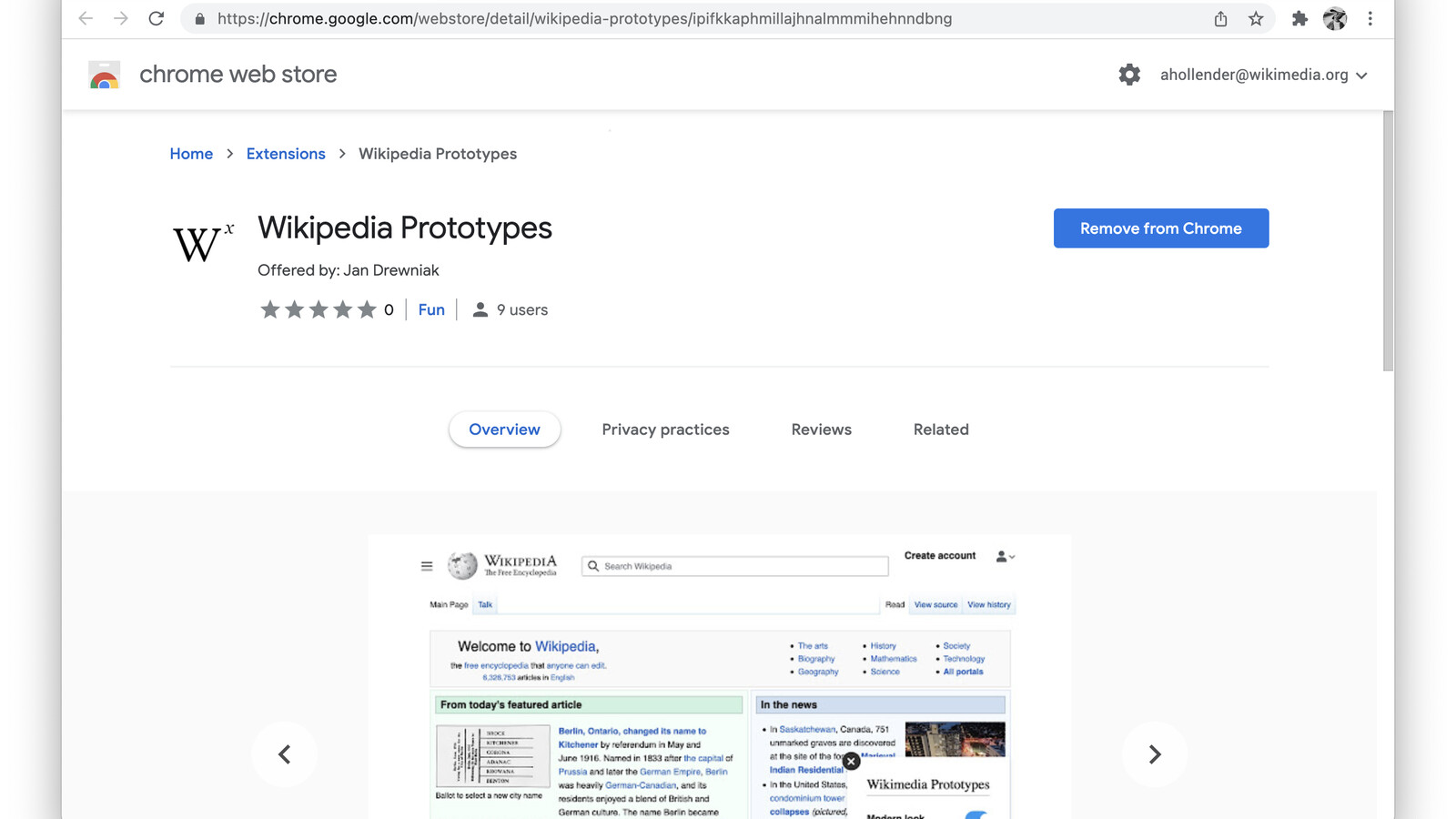 Chrome Web Store listing for a Wikipedia browser extension